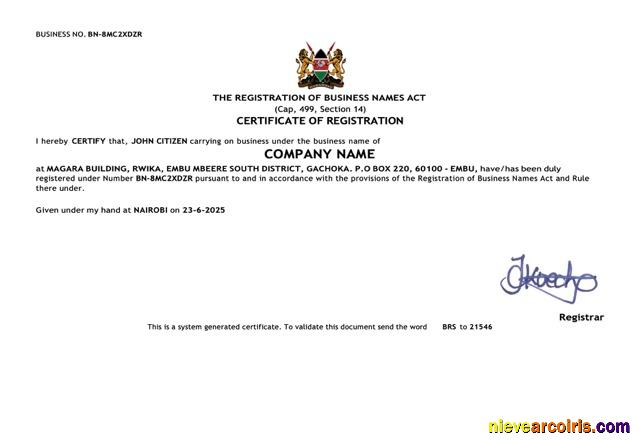 Kenya certificate of registration